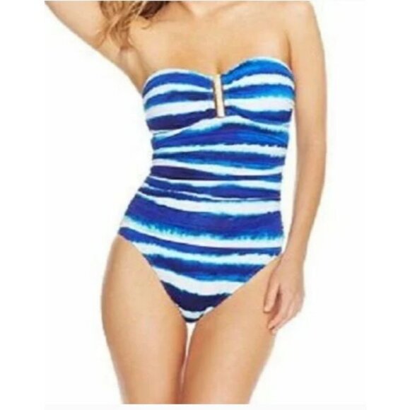 La Blanca One Piece White Blue Bandeau Cupped Ruched Swimsuit Size 10 - Picture 1 of 11